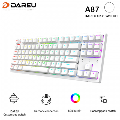 Official Dareu A87 Tri-mode Connection 100% Hotswap RGB LED Backlit Mechanical Gaming Keyboard-Pearl Whtie
