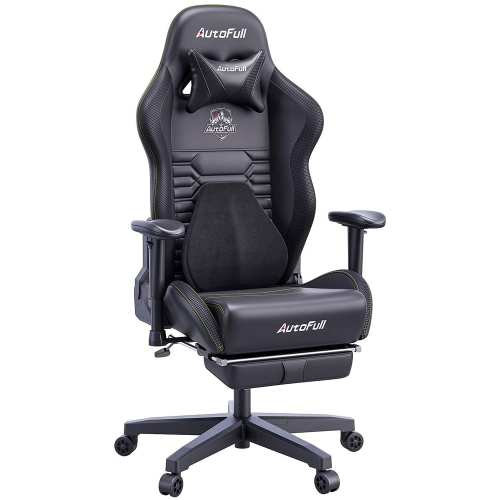 Official AutoFull Gaming Chair Pure Black PU Leather Footrest Racing Style Computer Chair, Headrest E-Sports Swivel Chair, AF083DPJA